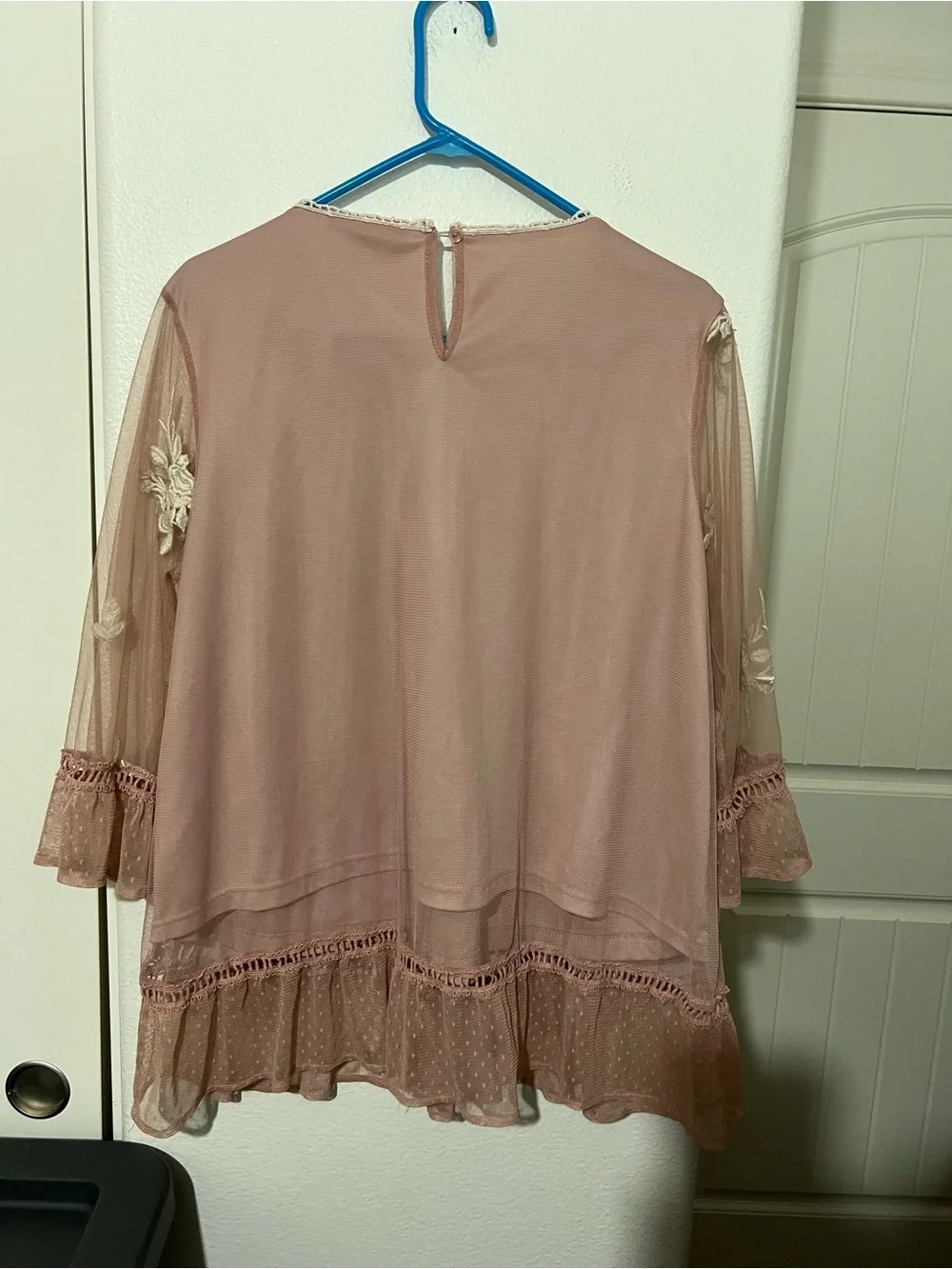 Suzanne Betro Dusty Rose Mesh Tunic with Ivory Floral Appliqué